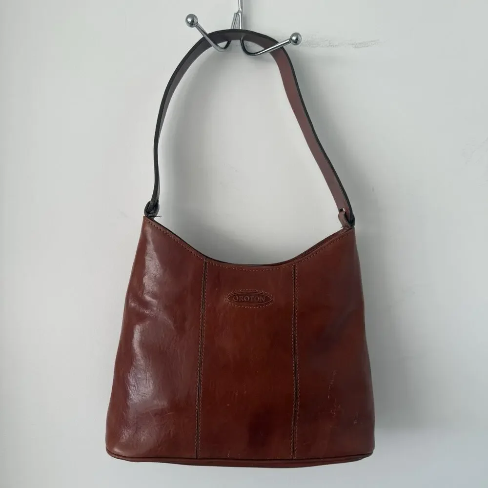 Vintage Oroton Red Brown Leather Shoulder Hobo Bag Australia Logo Plaque 90s VTG